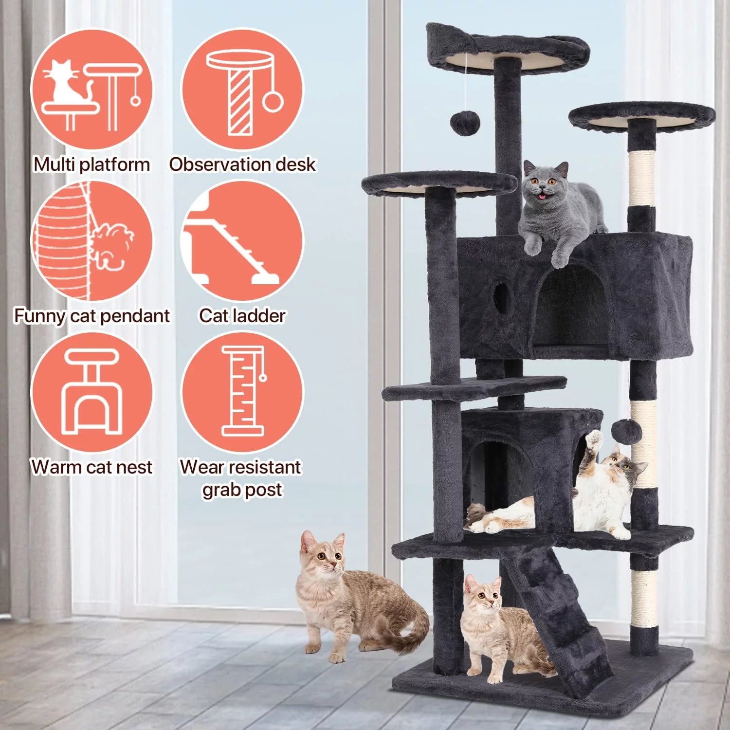 Deluxe 54-Inch Light Gray Double Condo Cat Tree Tower with Scratching Posts and Play Perches for Kittens