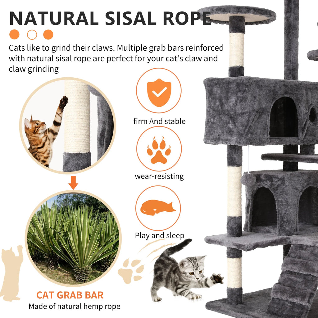 Deluxe 54-Inch Light Gray Double Condo Cat Tree Tower with Scratching Posts and Play Perches for Kittens