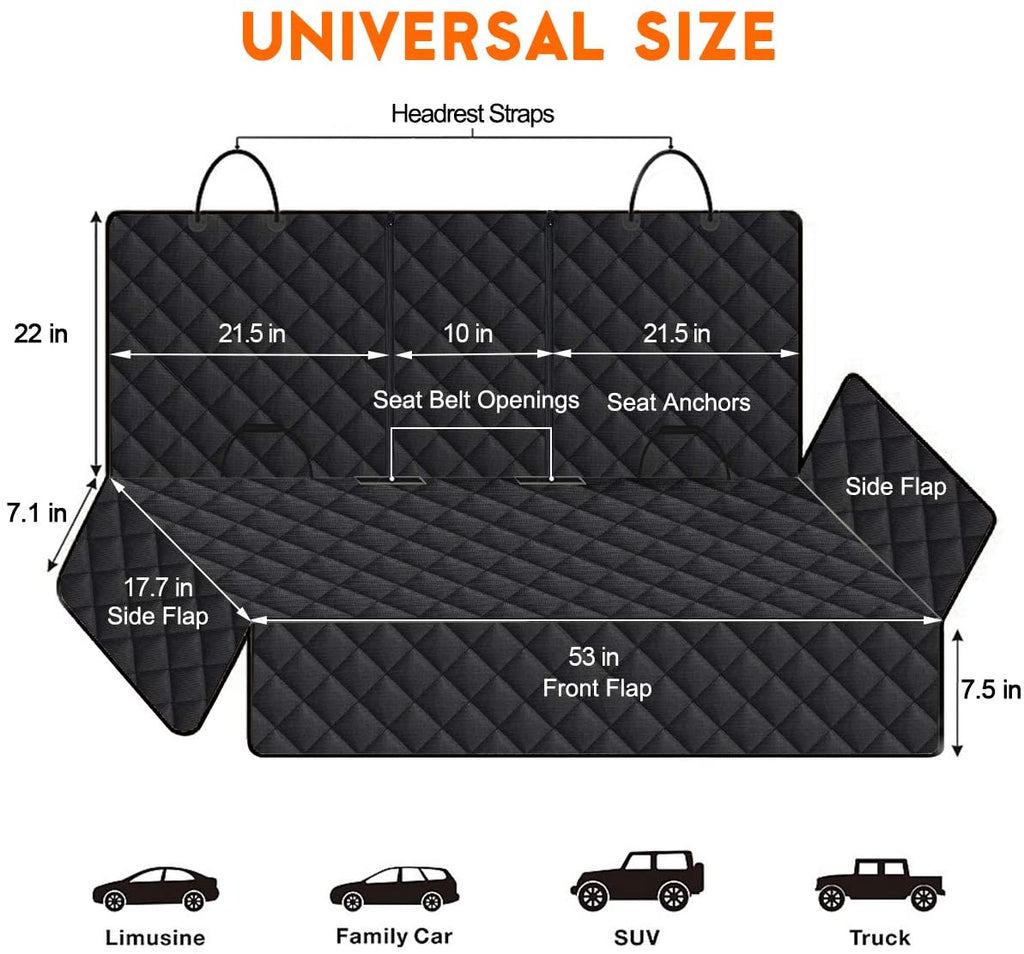 Ultimate Waterproof Dog Car Seat Cover - Durable Back Seat Protector for Pets and Kids | Universal Fit for Most Cars, SUVs, and Trucks (53" Width) - Black