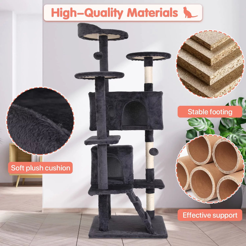 Deluxe 54-Inch Light Gray Double Condo Cat Tree Tower with Scratching Posts and Play Perches for Kittens