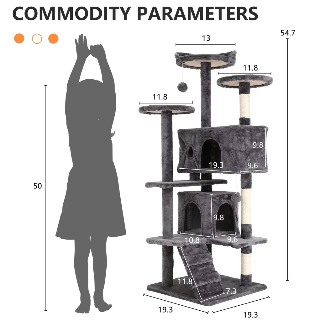 Deluxe 54-Inch Light Gray Double Condo Cat Tree Tower with Scratching Posts and Play Perches for Kittens