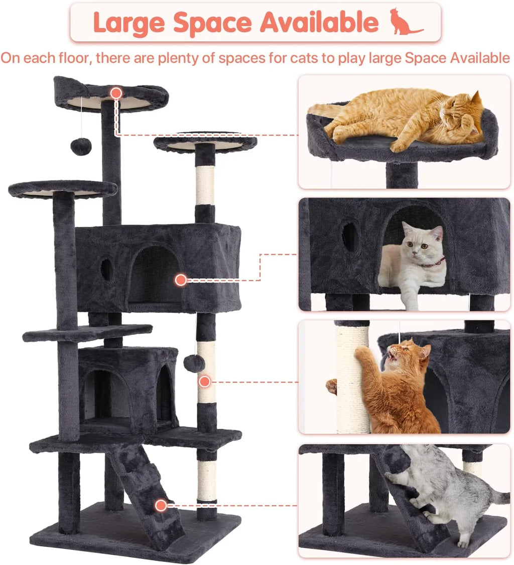 Deluxe 54-Inch Light Gray Double Condo Cat Tree Tower with Scratching Posts and Play Perches for Kittens