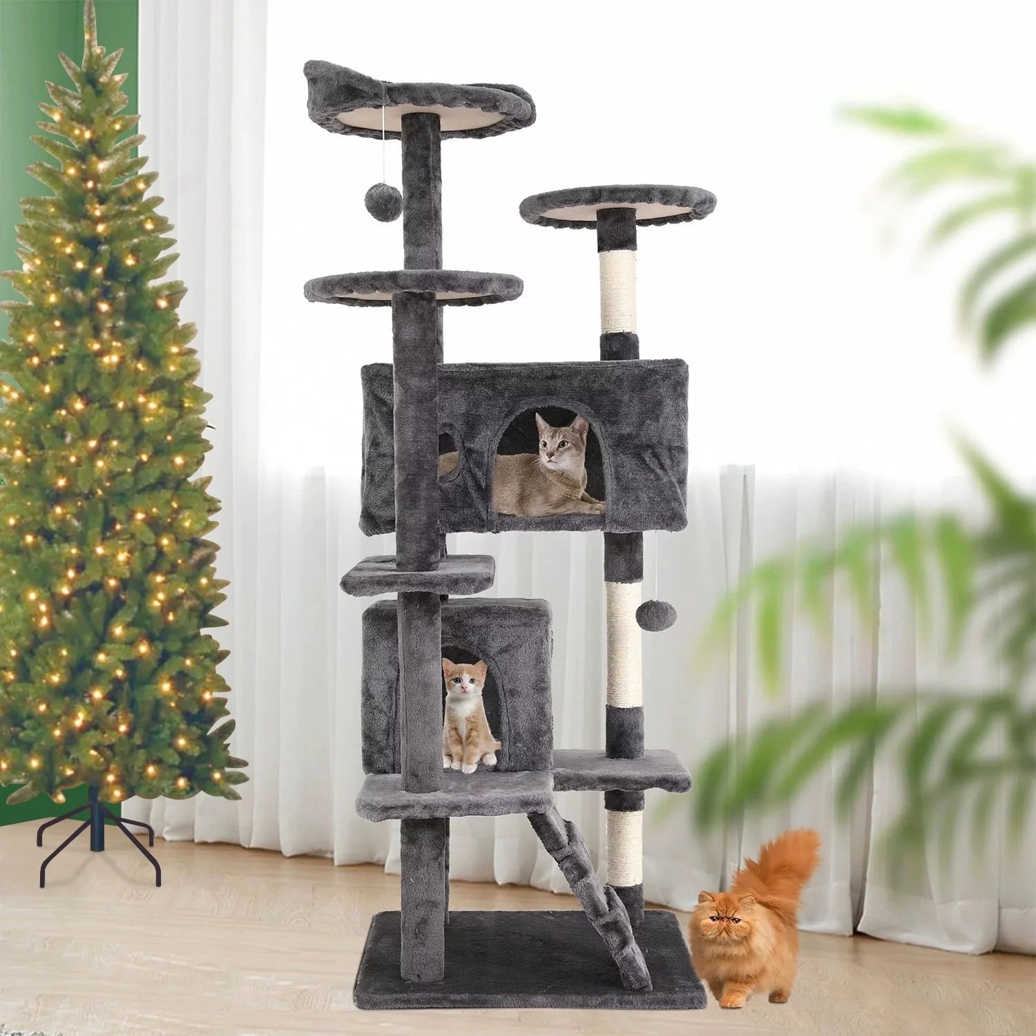 Deluxe 54-Inch Light Gray Double Condo Cat Tree Tower with Scratching Posts and Play Perches for Kittens