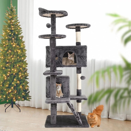 Deluxe 54-Inch Light Gray Double Condo Cat Tree Tower with Scratching Posts and Play Perches for Kittens