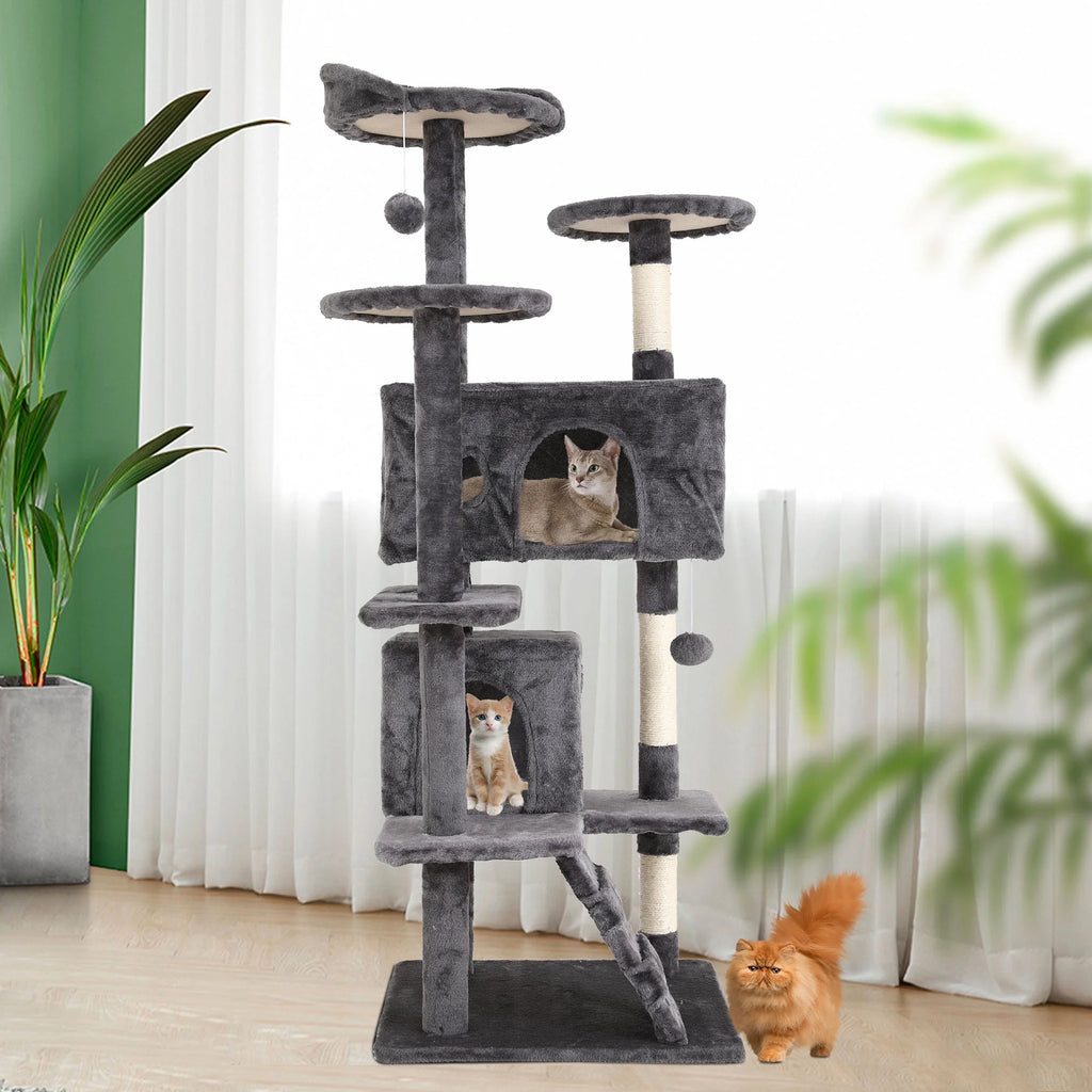 Deluxe 54-Inch Light Gray Double Condo Cat Tree Tower with Scratching Posts and Play Perches for Kittens